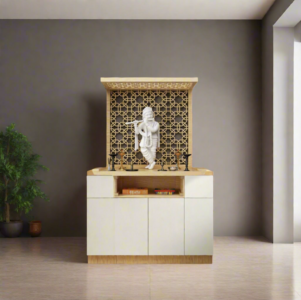 Aesthetic wooden home temple with an intricate cutwork design, offering a peaceful and elegant space for daily prayers and rituals. Ideal for modern apartments and homes.
