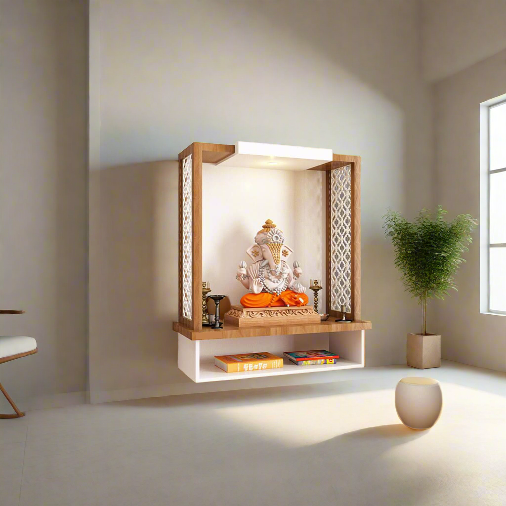 Modern Wall-Mounted Wooden Mandir with Lord Ganesha Idol and Backlit Panel – Ideal for Contemporary Home Interiors