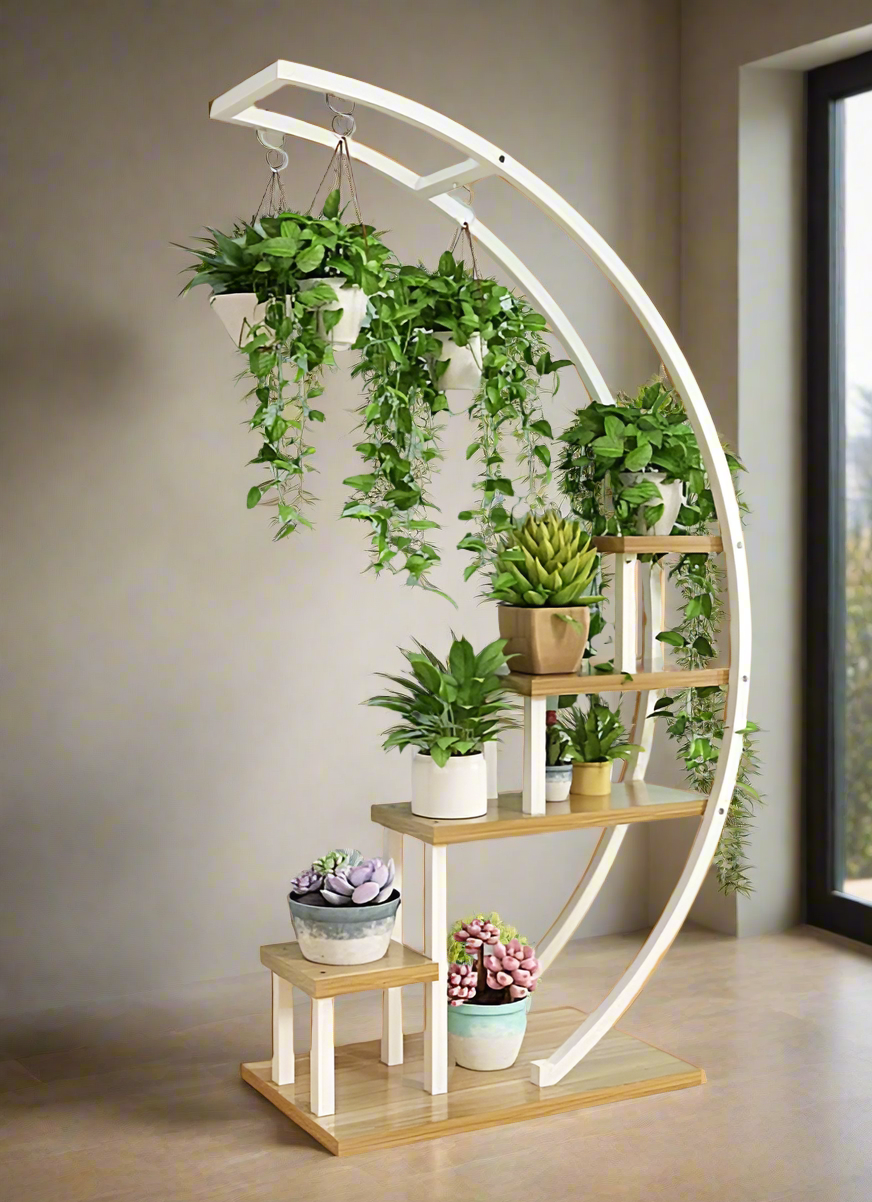 Modern Multi-Tier Wooden Plant Stand with Hanging Planters for Indoor Decor