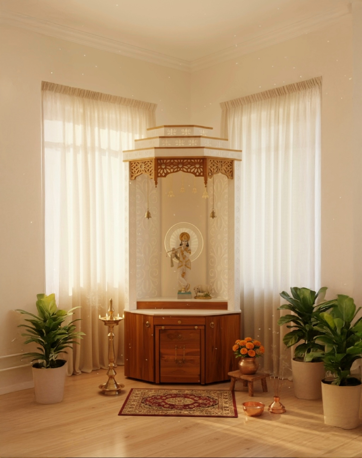 Luxury teak wood pooja mandir with Corian backlit panel and LED lighting, handcrafted for modern Indian home temple interiors.