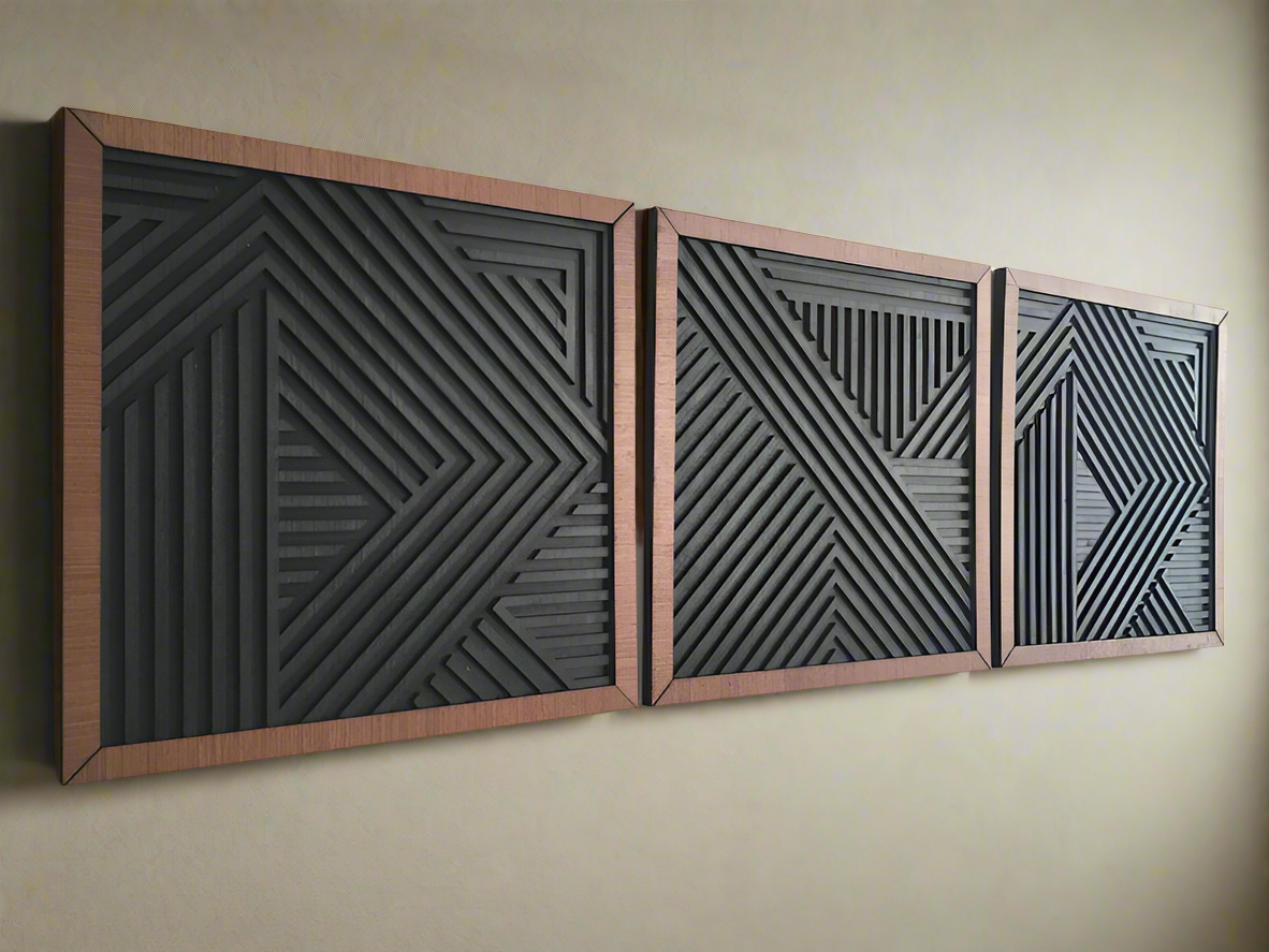 Modern Geometric Wood and Black Wall Art - Set of 3 Panels | Geometric Wood Wall Art Design Modern Wood Art Minimal Black Charcoal