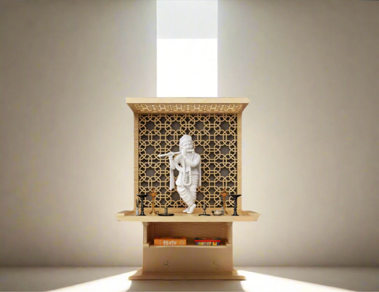 A beautifully crafted home temple with intricate jali design, a sacred Krishna idol, and ample storage space. Perfect for adding a spiritual touch to modern home interiors.
