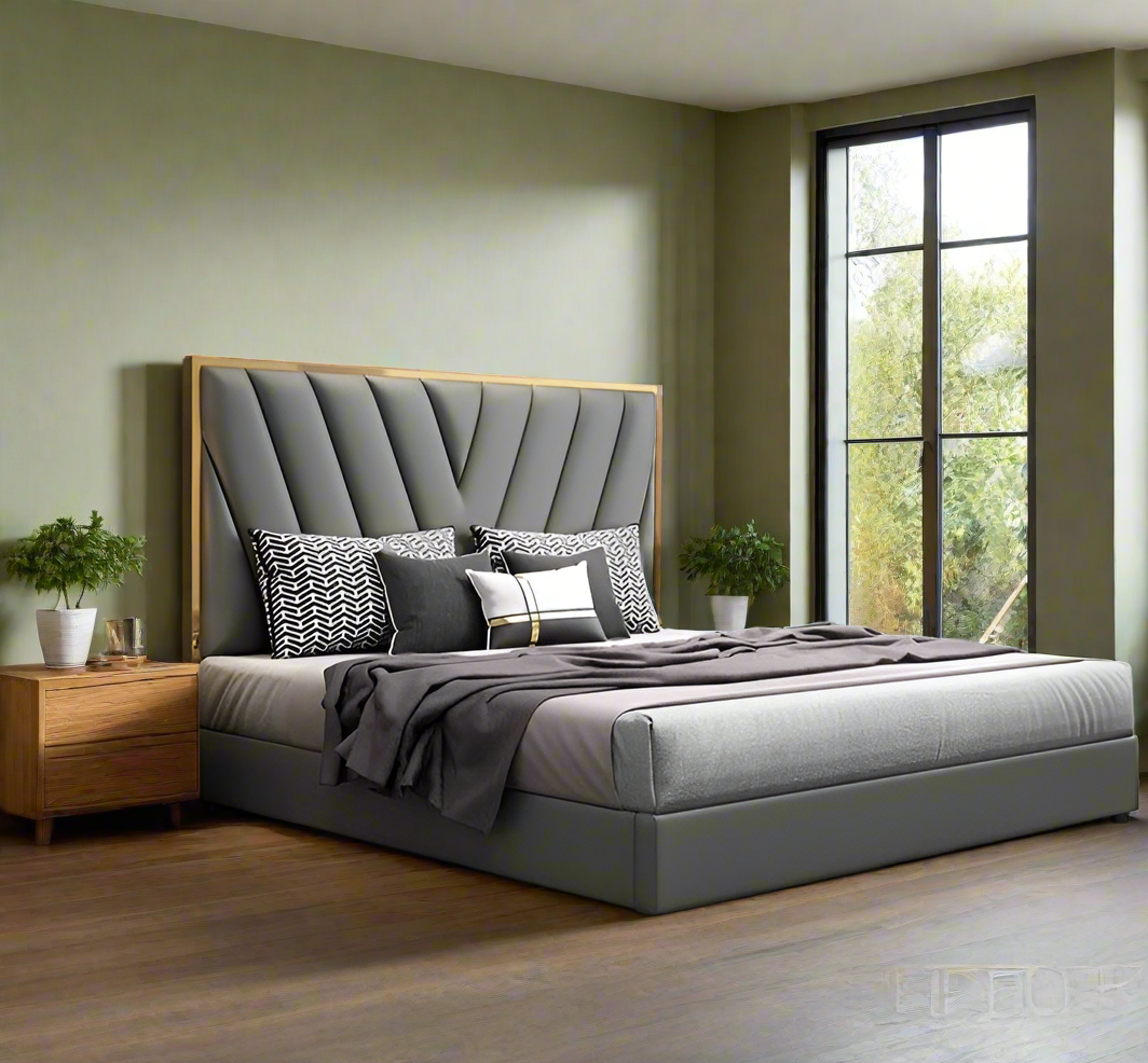 Luxury Modern Upholstered Bed with Geometric Headboard Design and Gold Accents Elegant Bedroom Design