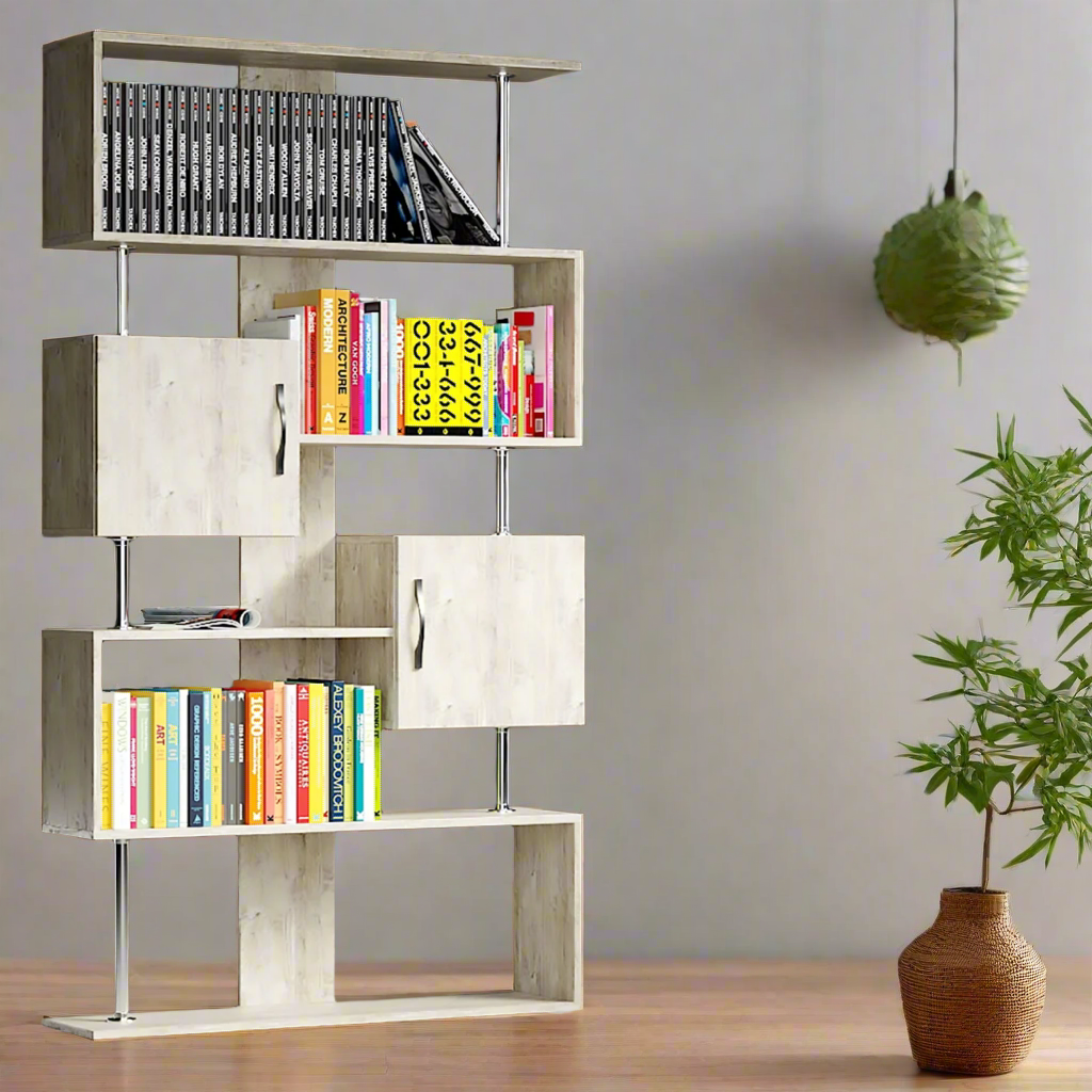 Modern Multi-Tier Wooden Bookshelf with Storage Cabinets – Stylish Shelving Unit for Home and Office