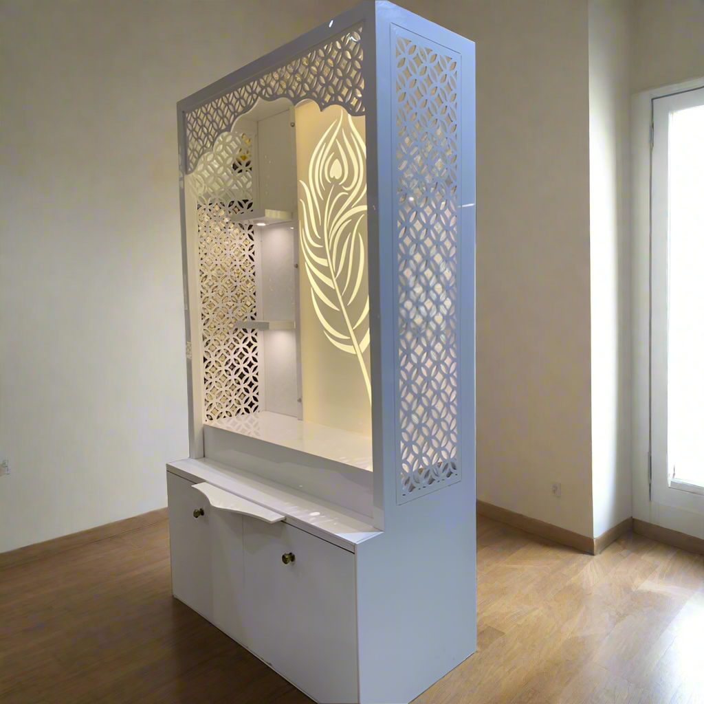 A beautifully crafted white wooden pooja mandir with laser-cut floral patterns and geometric designs, ideal for home temples and spiritual decor.