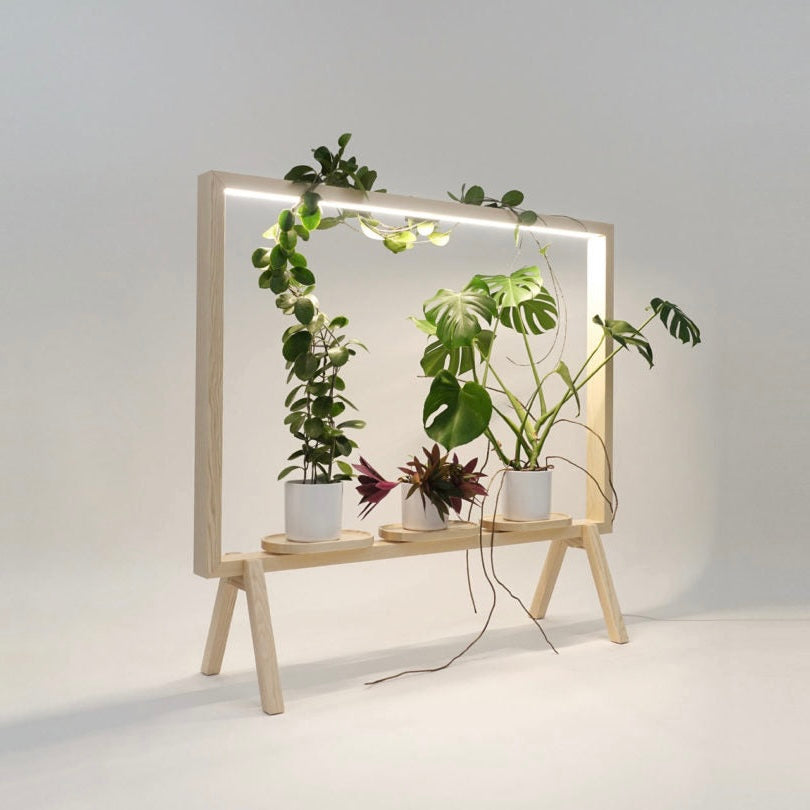 Elegant Rectangle Wooden Planter Stand with Built-In LED Grow Light for Indoor Plants