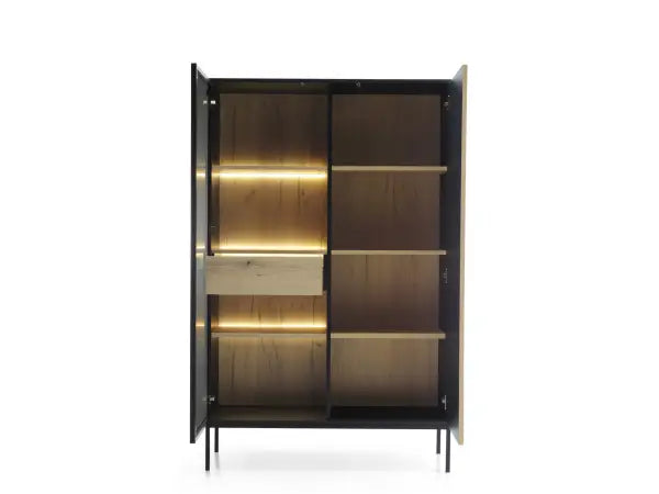 Modern Design Walnut and Glass Display Cabinet with LED Lighting – Sleek Storage Solution for Dining and Living Spaces