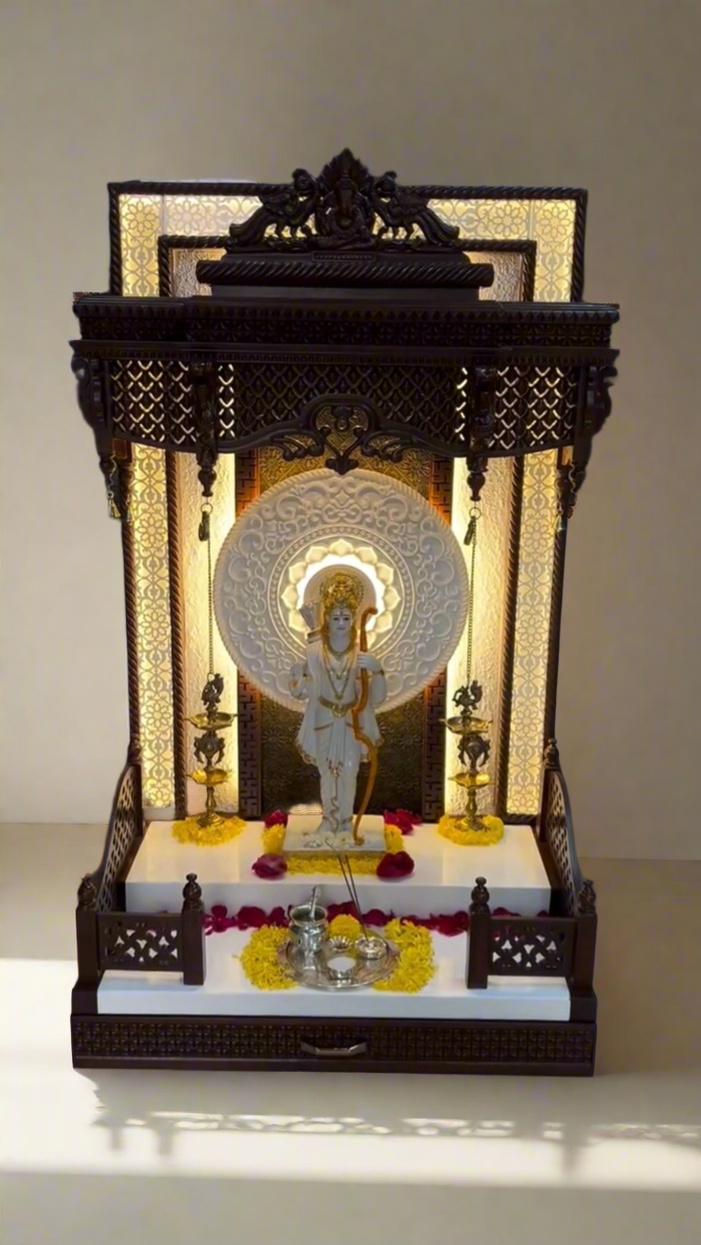 Traditional Wooden Pooja Mandir with LED Backlit Panel and Carved Design | Handcrafted Temple for Home with Drawer Storage