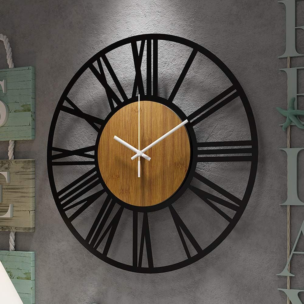 Modern Rustic Wall Clock with Roman Numerals and Wooden Center – Stylish Home Décor