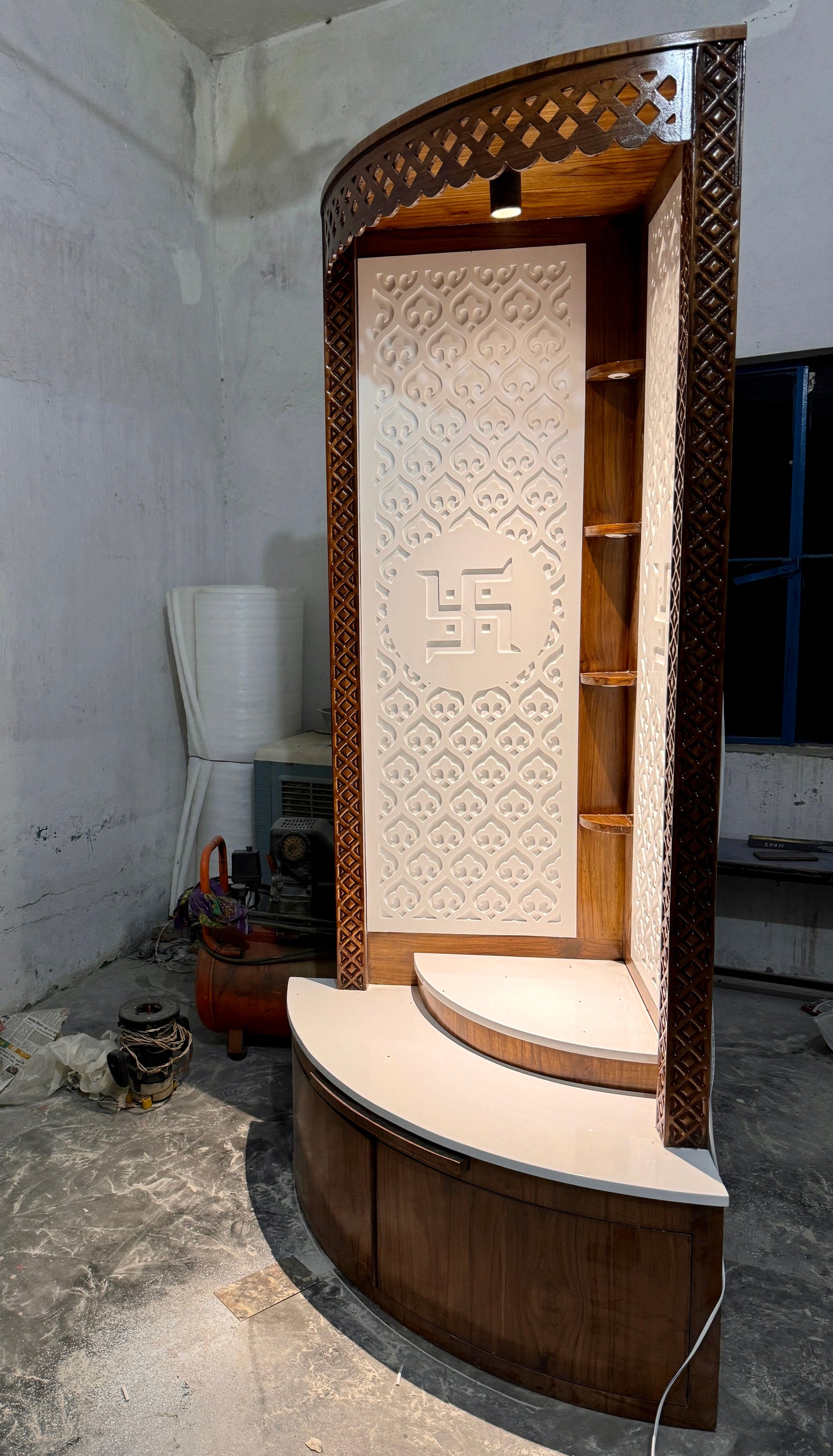 Contemporary Hindu temple setup with premium teakwood base and 3D LED Swastik panel