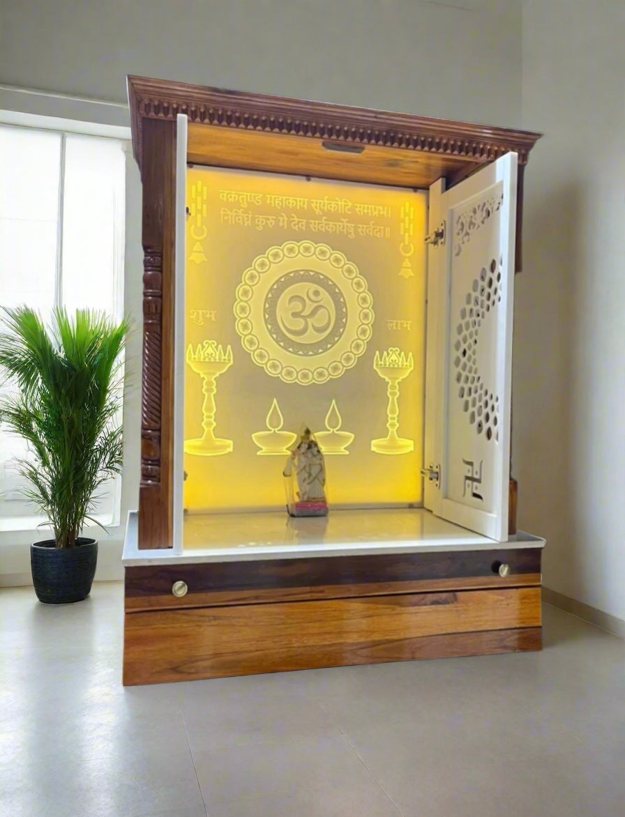 Artisan-crafted wooden temple with CNC-cut floral patterns on Corian panels and golden glow lighting for a serene prayer corner.