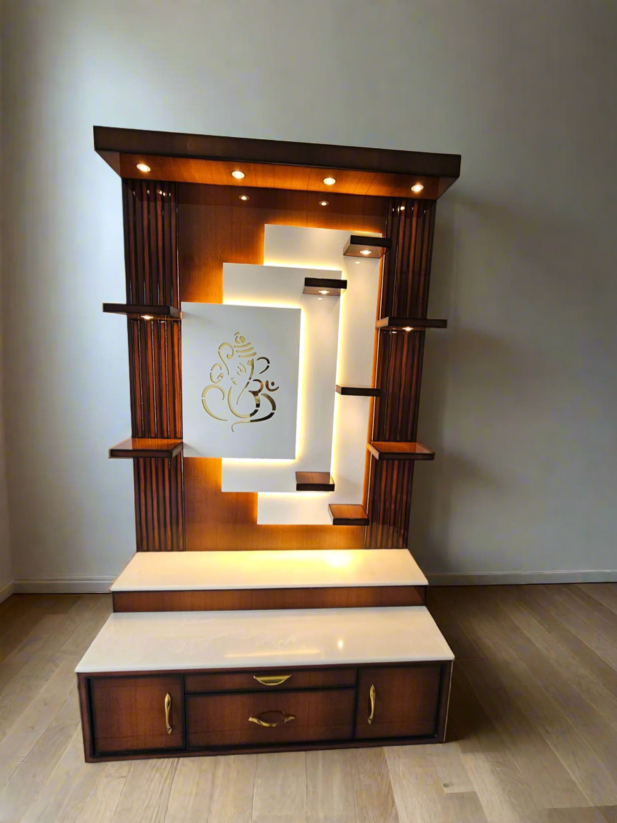 Angled view of wooden pooja unit showcasing layered platform and intricate design