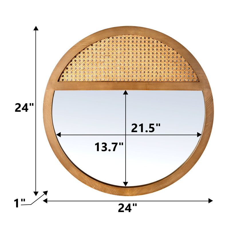 Round Teakwood Veneer Rattan Mirror | Boho Wall Décor