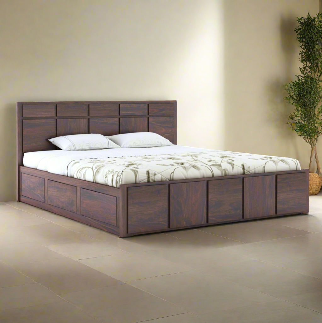 Solid Wood King Size Bed with Headboard and Storage | Elegant Dark Finish Modern Design - Modern Wooden Double Bed with Storage and Minimalist Design