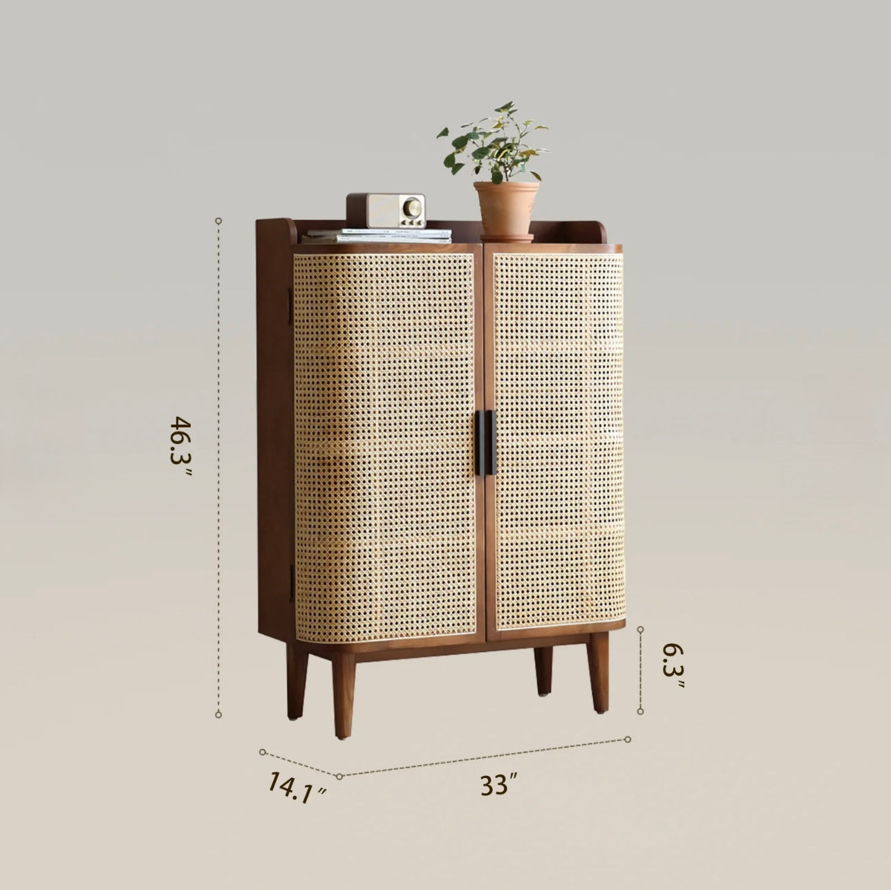 Mid-century modern shoe rack with handcrafted cane doors and solid wood frame, designed for stylish home entryways.