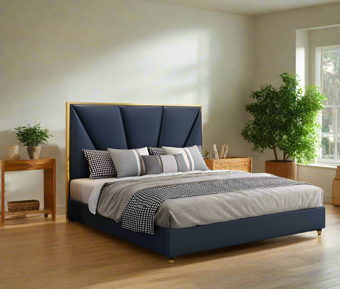 Luxury Navy Blue King Size Bed with Upholstered Headboard | Modern Double Bed with Gold Accents