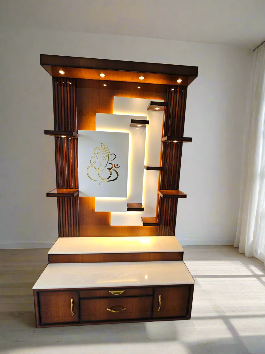 Elegant home mandir with decorative wooden pillars and storage drawers