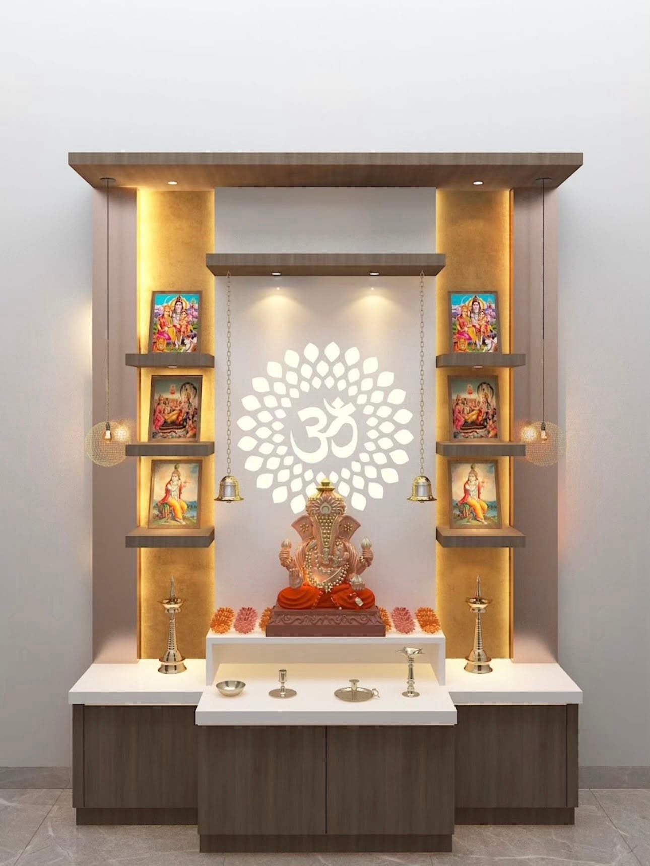 Modern wooden Pooja mandir with LED OM backlit panel, brass bells, side shelves, and storage cabinets – elegant wall-mounted home temple design.