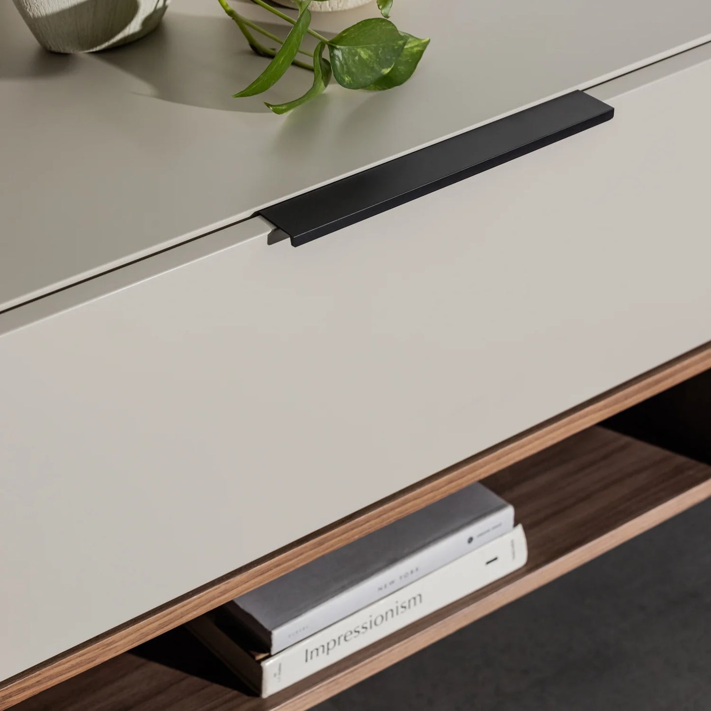 Modern Minimalist TV Cabinet with Storage - Sleek Media Console in Neutral Finish and Wooden Accents