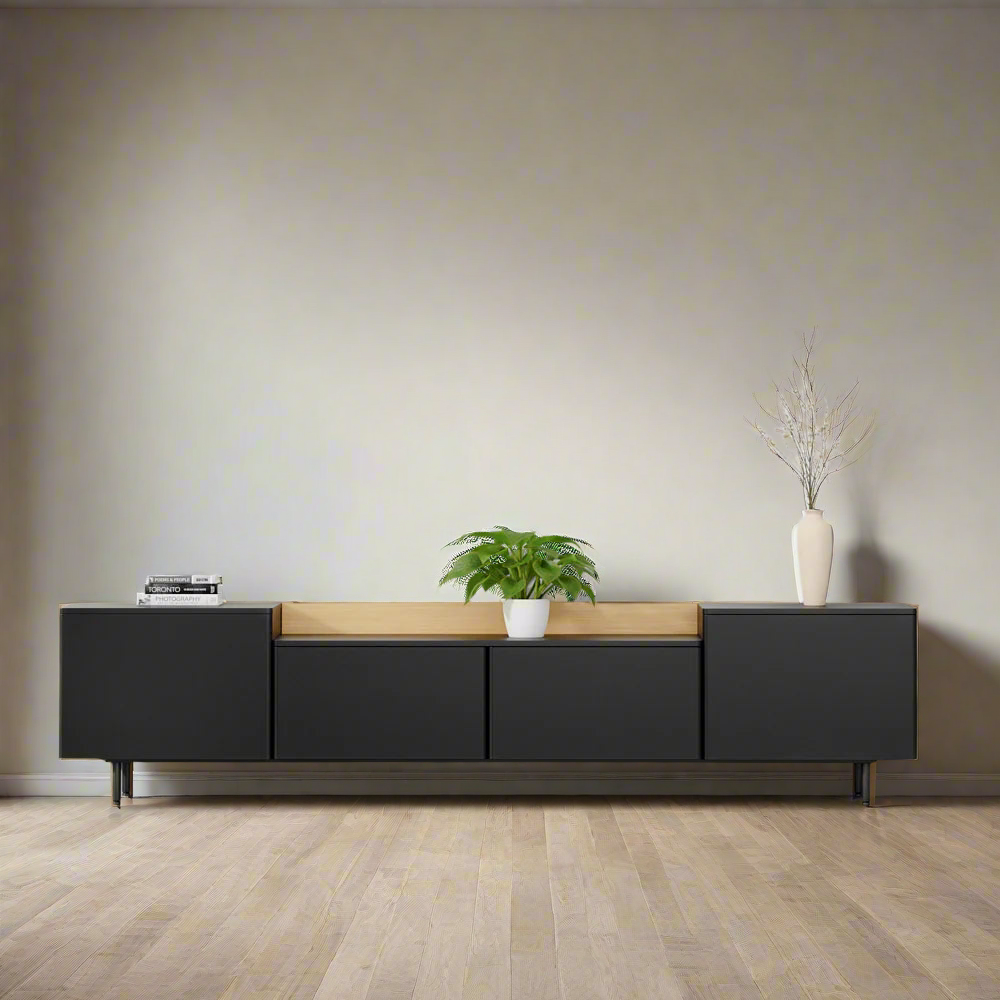 Sleek Black TV Cabinet with Wooden Accent and Modern Storage Design | Modern Black TV Cabinet with Wooden Top and Stylish Storage Solutions