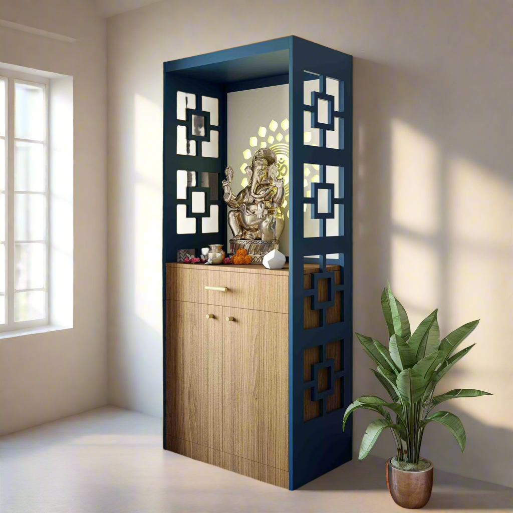Elegant home temple unit with laser-cut side jali in blue, wooden cabinet storage, and brass Ganesha idol, placed near a window with sunlight streaming in and a green indoor plant.