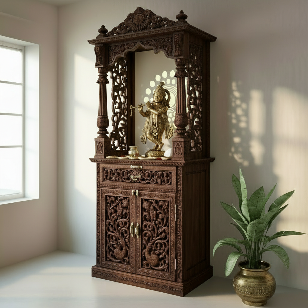 Artisan-crafted luxury wooden mandir with LED lighting and brass hardware accents