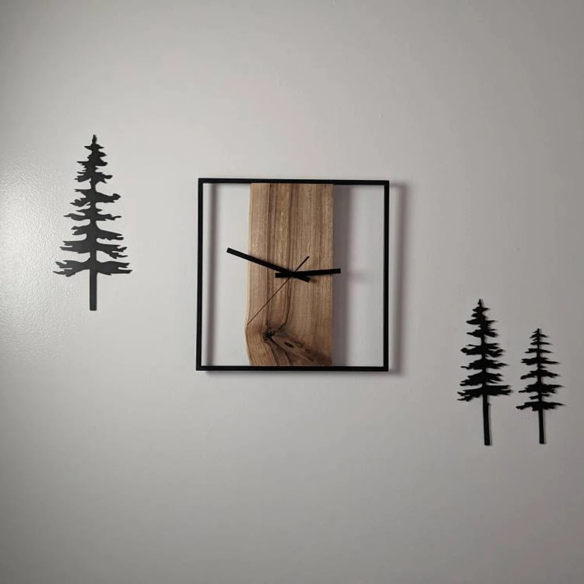 Modern Minimalist Wooden Wall Clock with Black Metal Frame | Live-Edge Design Timepiece