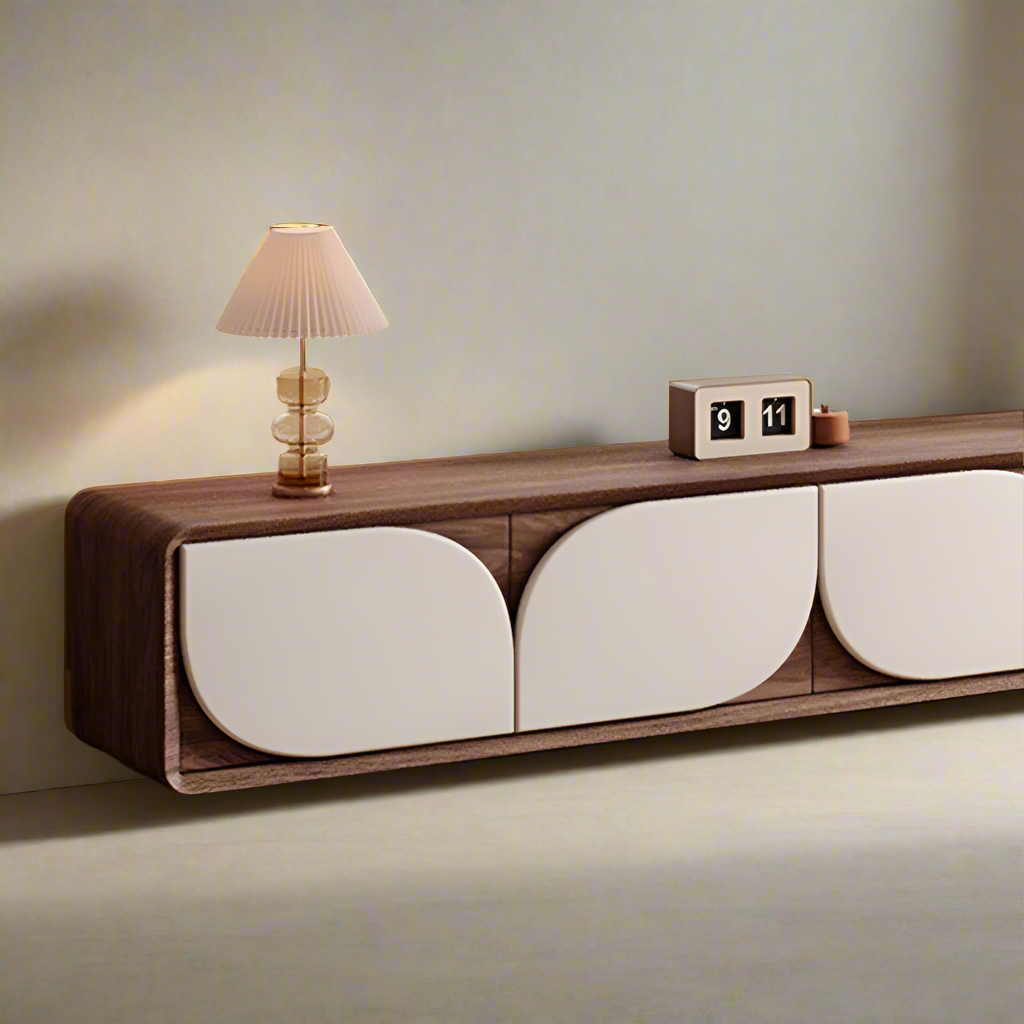 Luxury American Walnut Wood TV Cabinet with Modern Minimalist Design – Imported Media Console Unit | Contemporary TV Cabinet with White Curved Doors | Media Console for Elegant Living Rooms