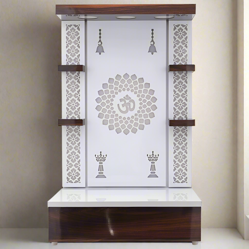 Elegant floor-standing Hindu temple with LED lighting and decorative side panels