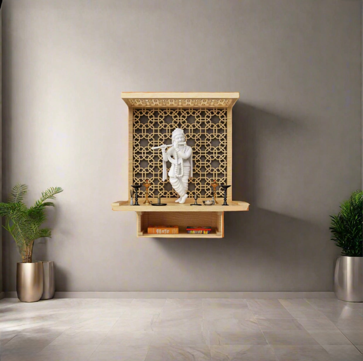 Elegant wooden wall pooja unit with Krishna idol and storage shelf, suited for compact spaces with modern décor aesthetics.