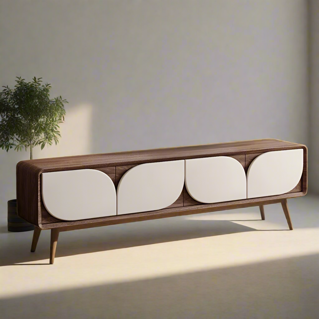 Luxury American Walnut Wood TV Cabinet with Modern Minimalist Design – Imported Media Console Unit with Legs | Contemporary TV Cabinet with White Curved Doors | Media Console for Elegant Living Rooms