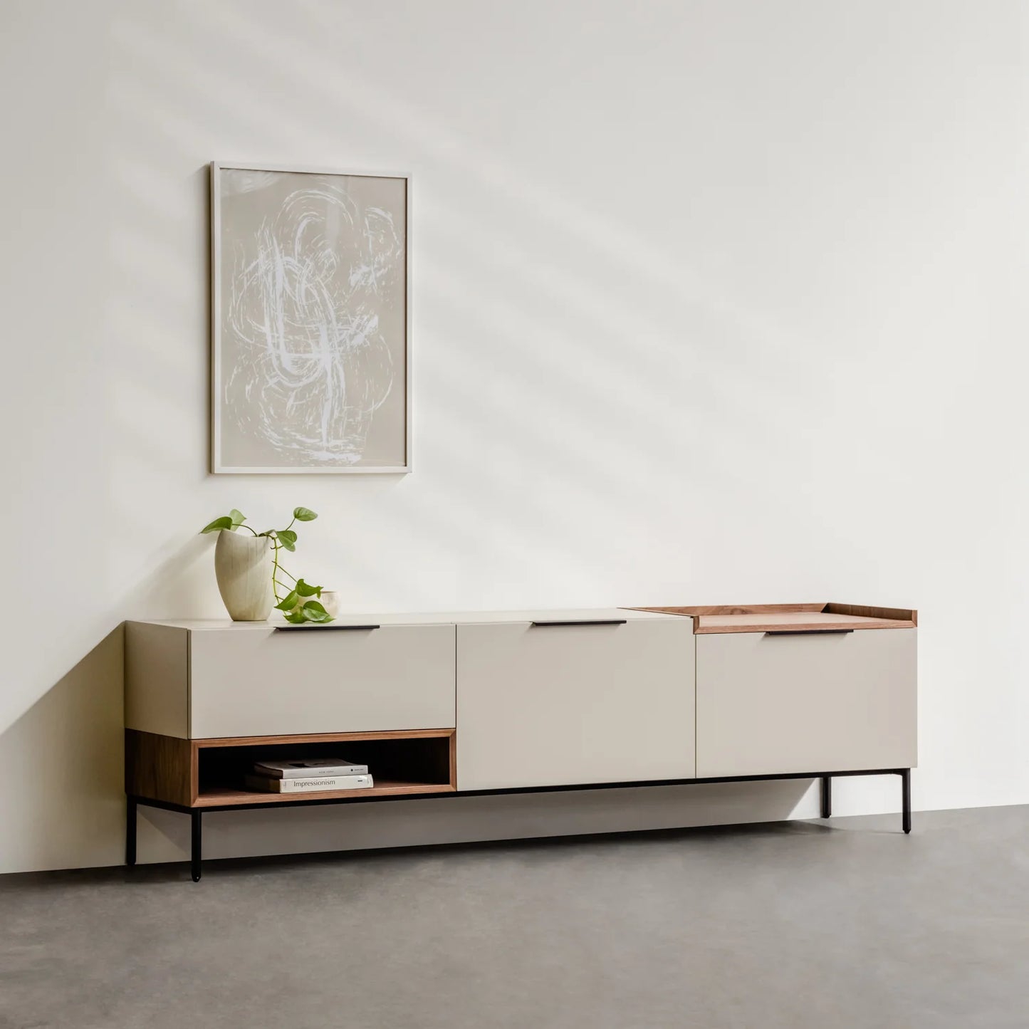 Modern Minimalist TV Cabinet with Storage - Sleek Media Console in Neutral Finish and Wooden Accents