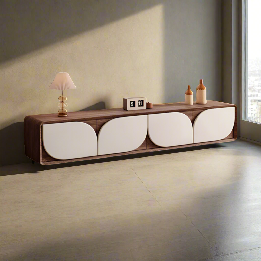 Luxury American Walnut Wood TV Cabinet with Modern Minimalist Design – Imported Media Console Unit | Contemporary TV Cabinet with White Curved Doors | Media Console for Elegant Living Rooms
