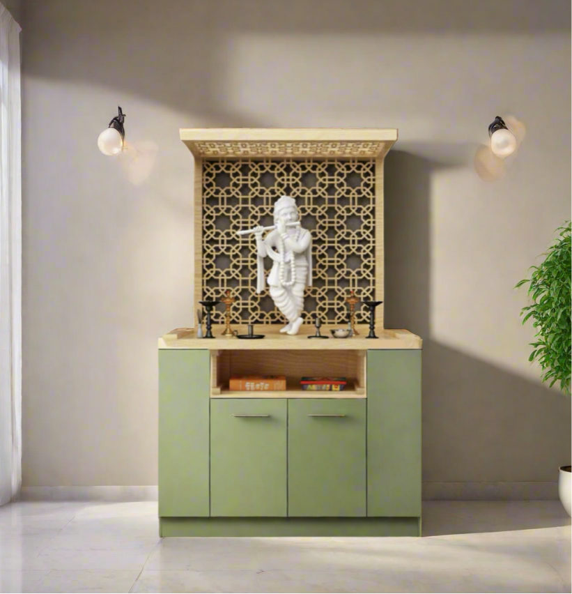 A contemporary wooden pooja unit designed for home prayer spaces, featuring a beautifully carved back panel, ample storage, and a divine Krishna idol for a peaceful spiritual experience.