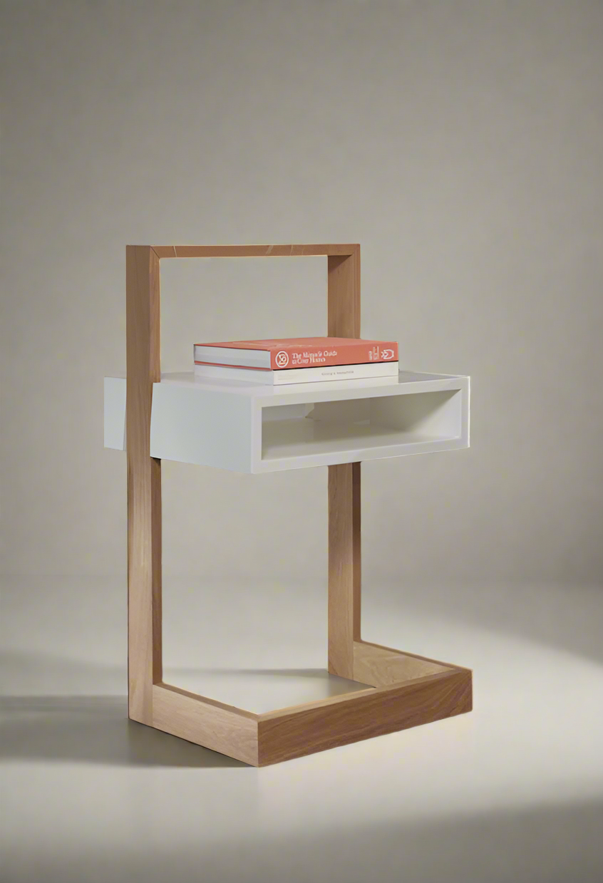 Bedside Table White With Natural Wood | Modern Minimalist Wooden Bedside Table with Open Storage Drawer