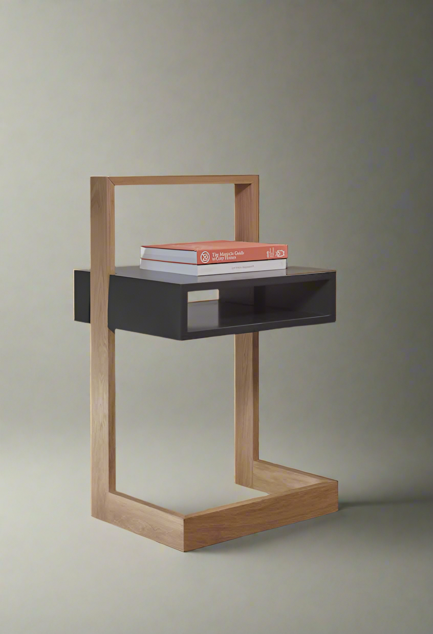 Bedside Table Black With Natural Wood | Modern Minimalist Bedside Table with Open Storage and Wooden Frame