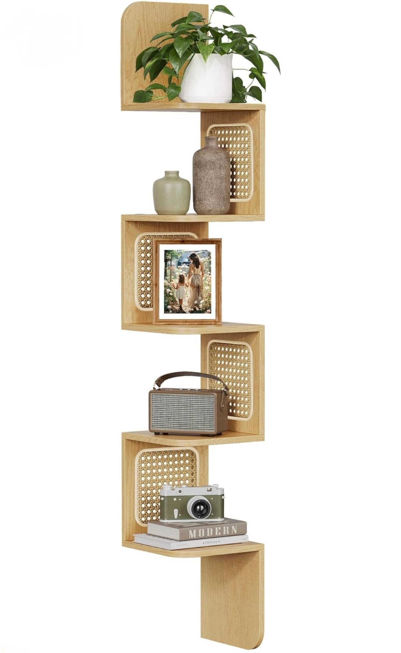 Decorative 5-tier corner shelf with handcrafted wooden frame and boho-inspired cane details.