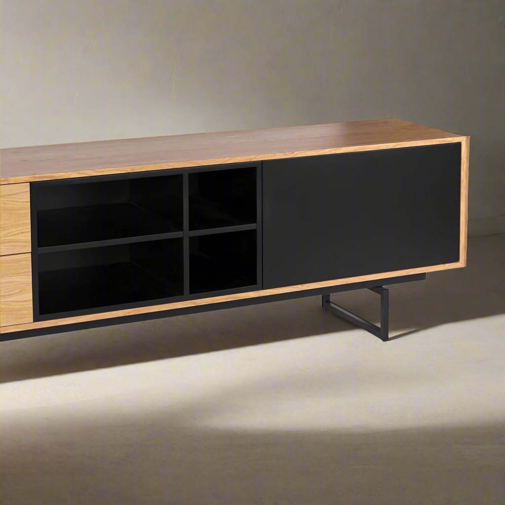 Modern TV Cabinet with Black and Wooden Finish - Stylish Media Console with Storage Shelves and Drawers