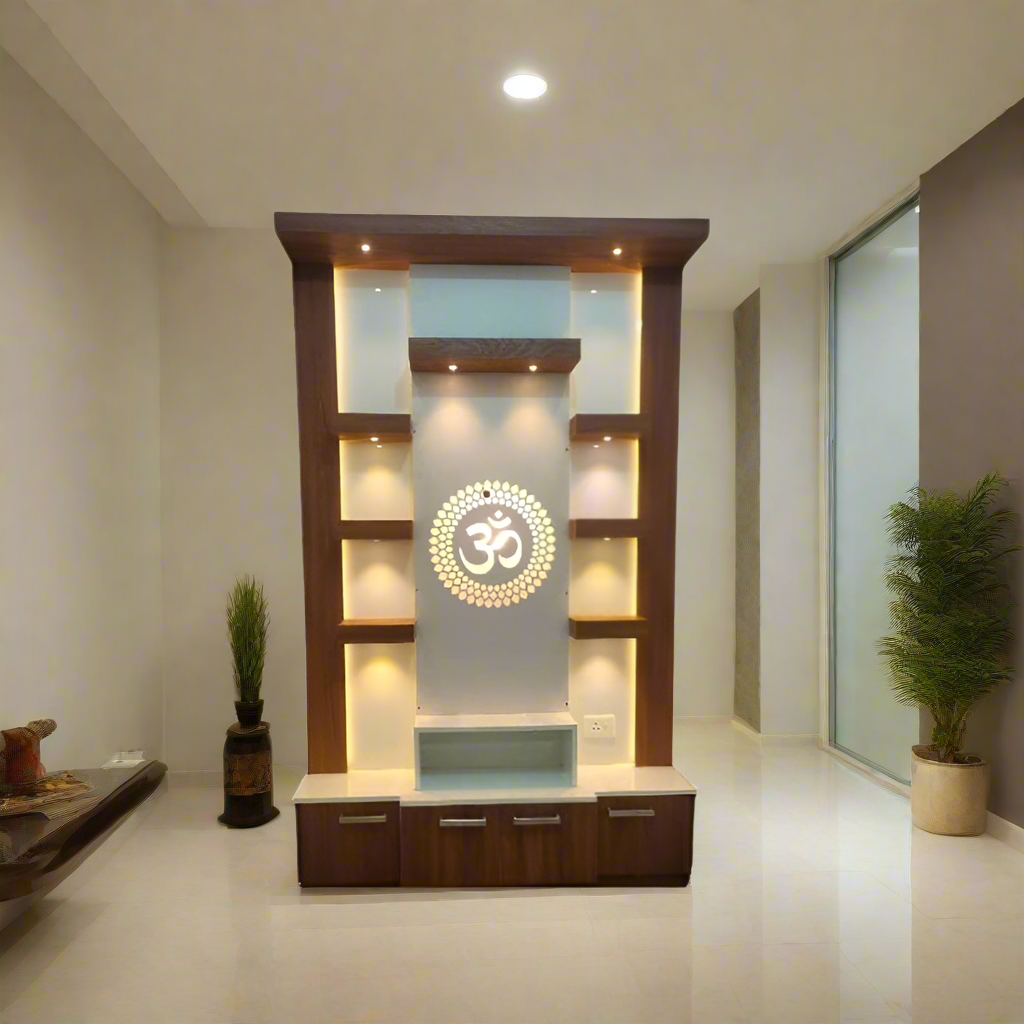 Modern Design Wooden Pooja Mandir with Illuminated Om Symbol for Home Decor - Pooja Mandir Wooden Temple White LED Light for Home and Office