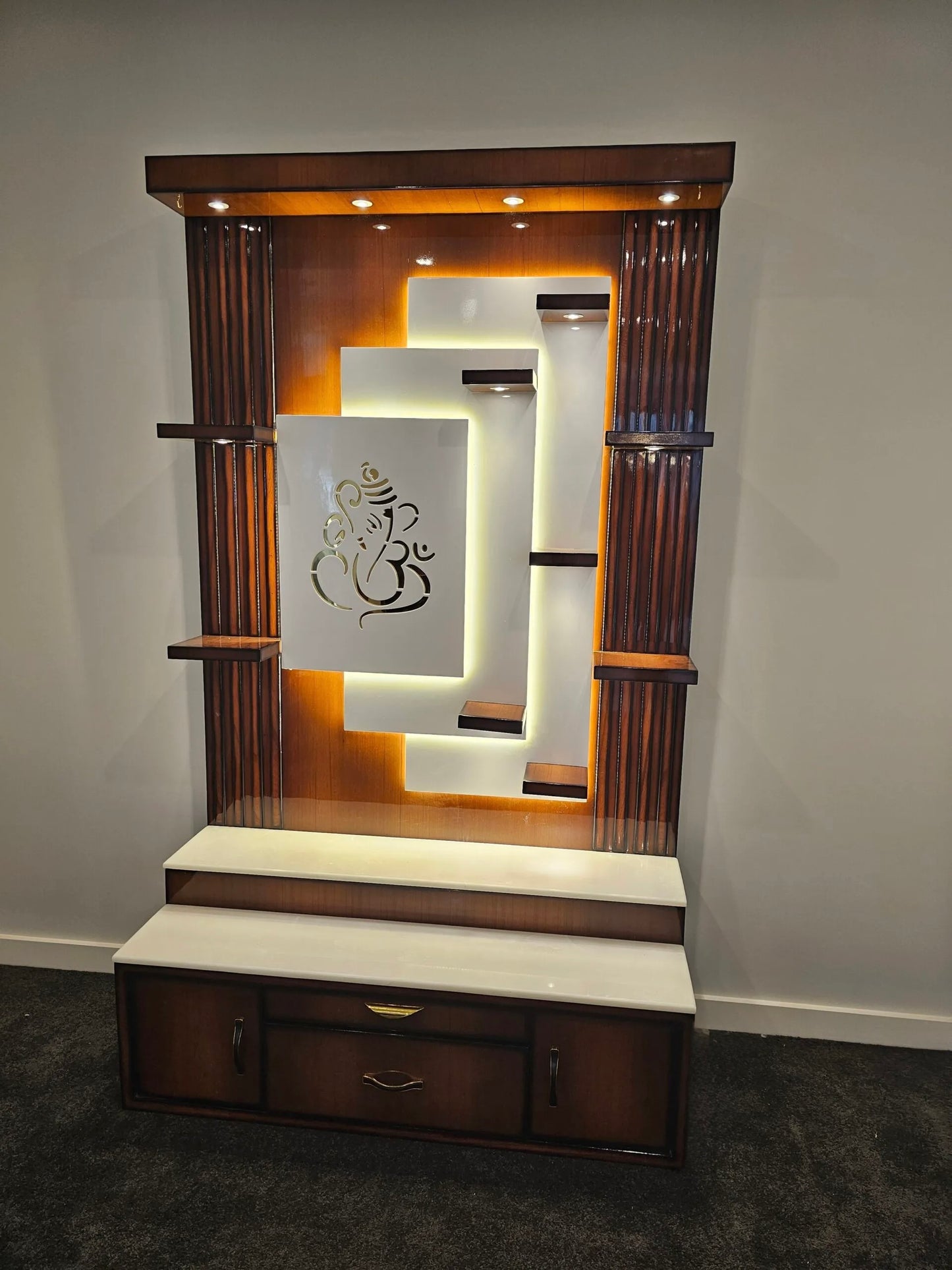 Modern Wooden Pooja Mandir with LED Lights and Storage Drawers – Home Temple Unit for Living Room | Modern Design Hindu Temple for Home