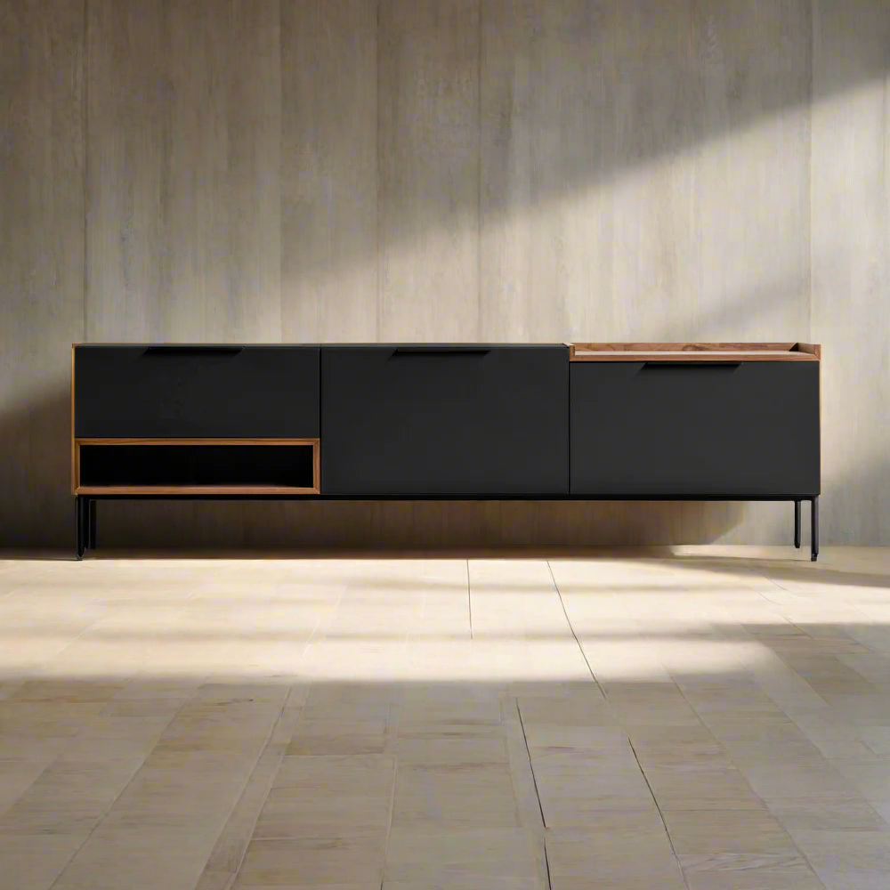 Modern Minimalist TV Cabinet with Storage - Sleek Media Console in Neutral Finish and Wooden Accents