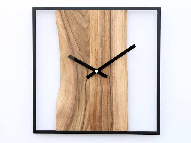 Modern Minimalist Wooden Wall Clock with Black Metal Frame | Live-Edge Design Timepiece