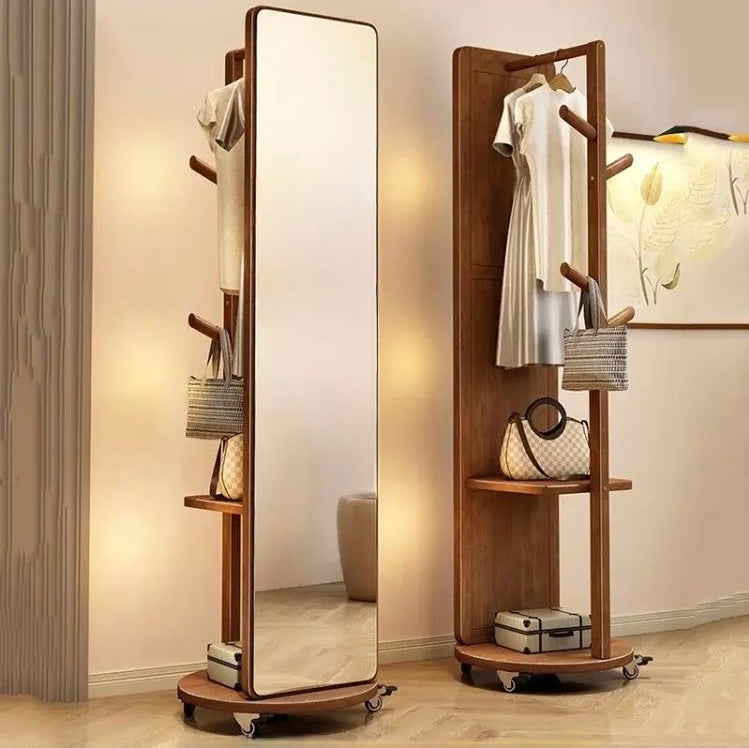 This Teakwood Rotating Full-Length Floor Mirror with Storage and Wooden Design | 360° Rotating Wooden Full-Length Mirror with Storage Shelves and Hangers - Modern Space-Saving Organizer