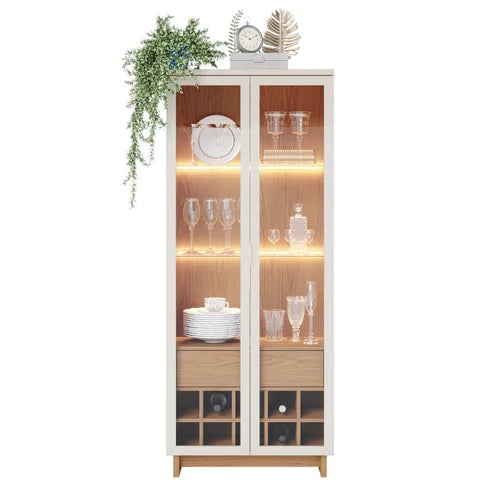 Elegant Glass Display Cabinet with LED Lights – Perfect for Dining Room or Kitchen Storage | Modern Glass Display Cabinet with LED Lighting and Wine Storage