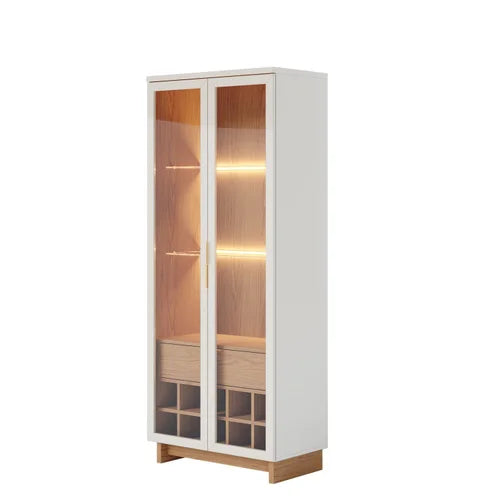 Elegant Glass Display Cabinet with LED Lights – Perfect for Dining Room or Kitchen Storage | Modern Glass Display Cabinet with LED Lighting and Wine Storage