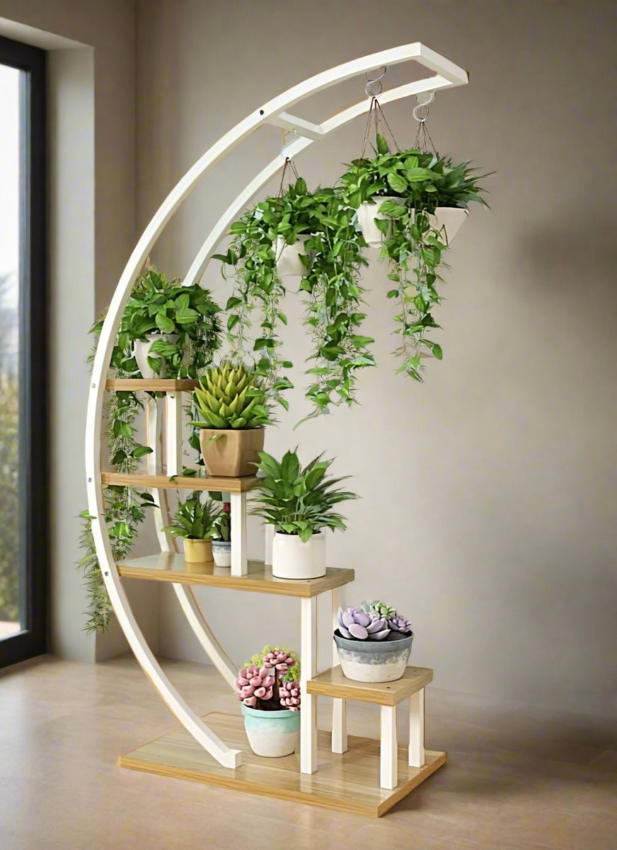 indoor plant stands india Modern Multi-Tier Wooden Plant Stand with Hanging Planters for Indoor Decor