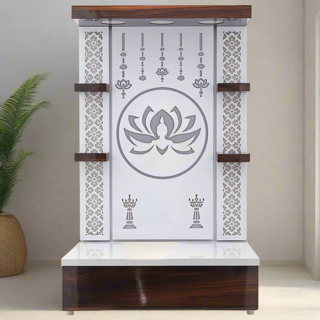 Modern LED home temple with floral lattice panels and lotus cutwork