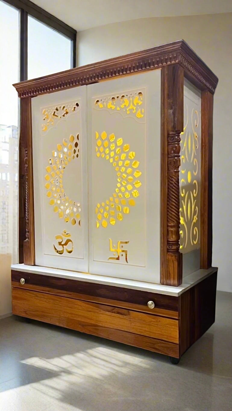 Luxurious teakwood and Corian pooja mandir with intricately designed closed doors featuring Om and Swastik cutwork, ideal for a sacred and elegant home altar.