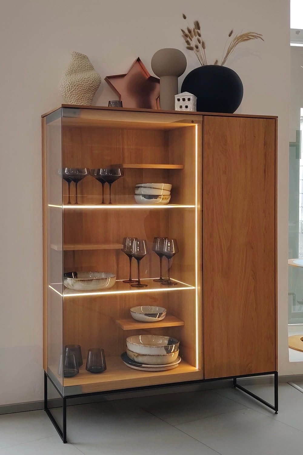 (Exclusive)-Modern Design Wooden Display Cabinet with Glass Doors and LED Lighting | Premium Wooden Display Cabinet with Glass Panels and Integrated LED Lighting for Modern Interiors