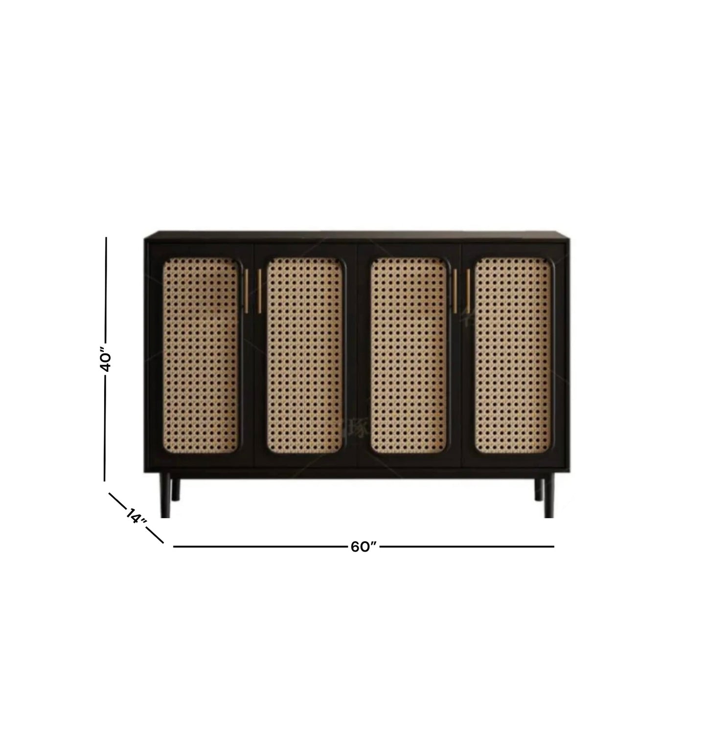 Black and rattan shoe cupboard with elegant vertical storage and decor display.